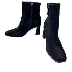 JUSTFAB Women Ankle Boot Square Foot Chunky Heel Sz 9 Black Faux Suede Gabrielle